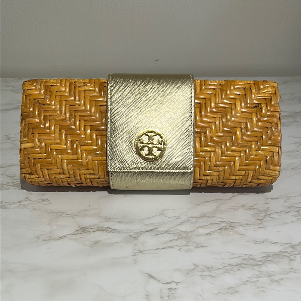 Tory Burch Gold and Tan Rattan Wicker Clutch RARE Collectible Luxury